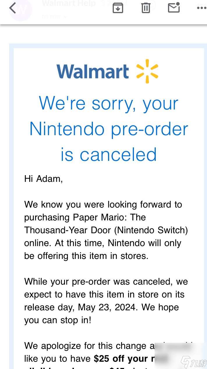 部分《纸片马里奥：千年之门》玩家预购订单被取消