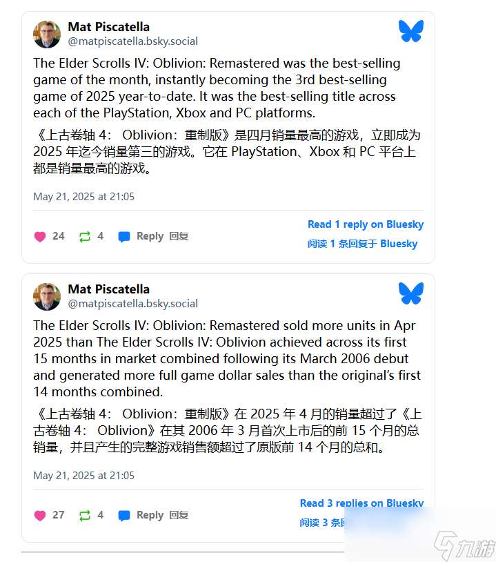 《上古卷軸4：湮滅重制版》4月美國銷量榜登頂 年度第三！