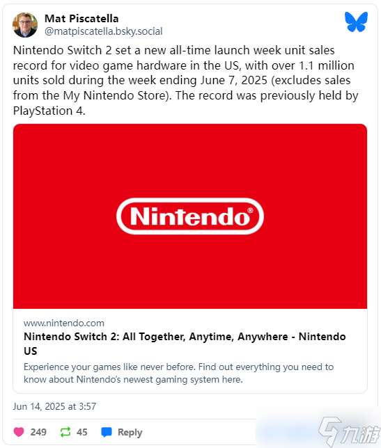 Switch2美國首周銷量110萬臺！打破此前PS4保持的紀錄